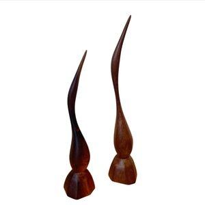 Danish Teak Wood Bird Sculpture Set of 2 Carved Midcentury MCM Folk Art Mantle
